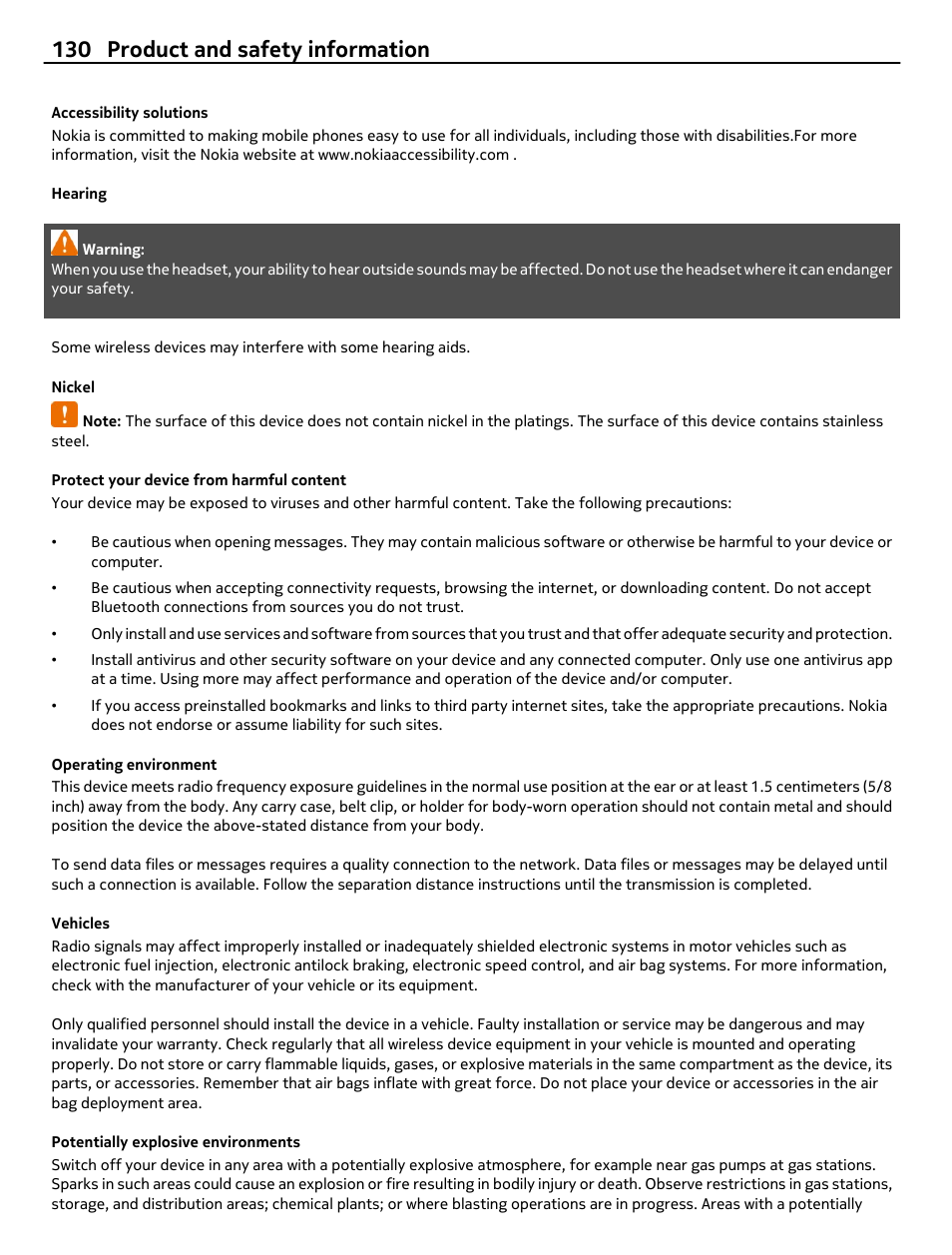 Accessibility solutions, Hearing, Nickel | Protect your device from harmful content, Operating environment, Vehicles, Potentially explosive environments, 130 product and safety information | Nokia 808 User Manual | Page 130 / 138
