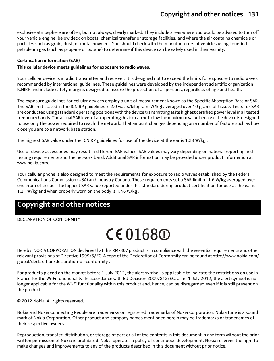 Certification information (sar), Copyright and other notices, Copyright and other notices 131 | Nokia 808 User Manual | Page 131 / 138