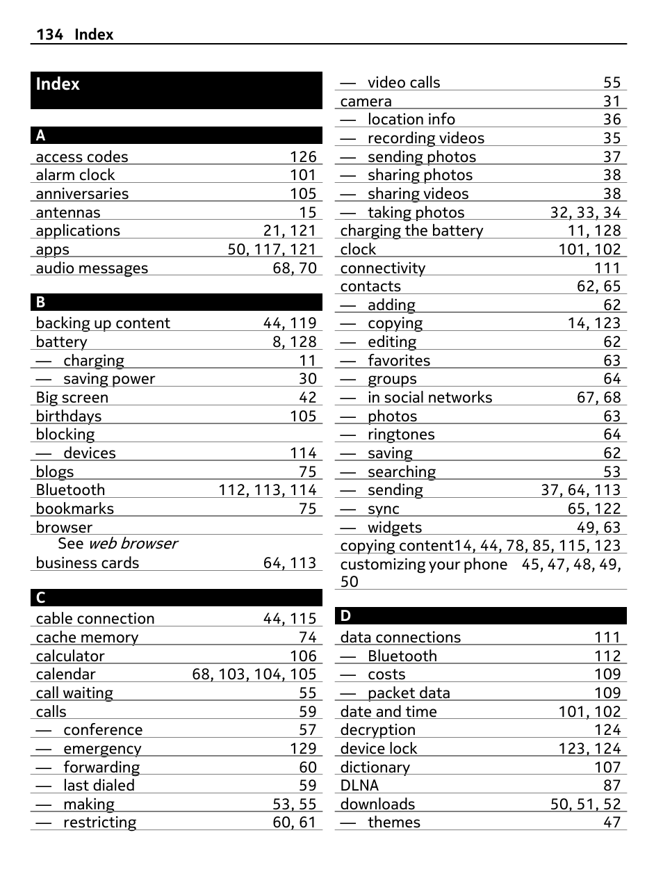 Index | Nokia 808 User Manual | Page 134 / 138