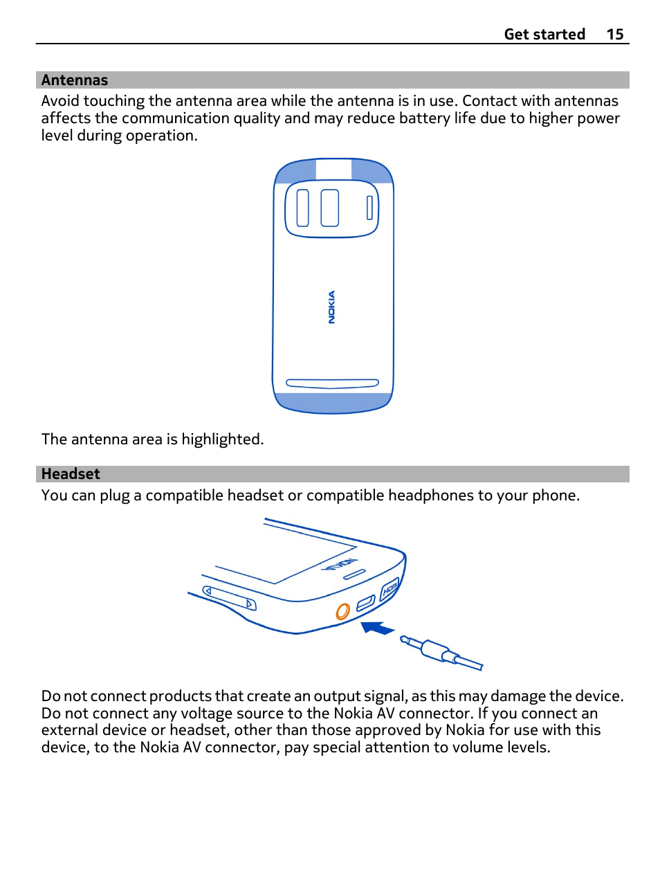 Antennas, Headset | Nokia 808 User Manual | Page 15 / 138
