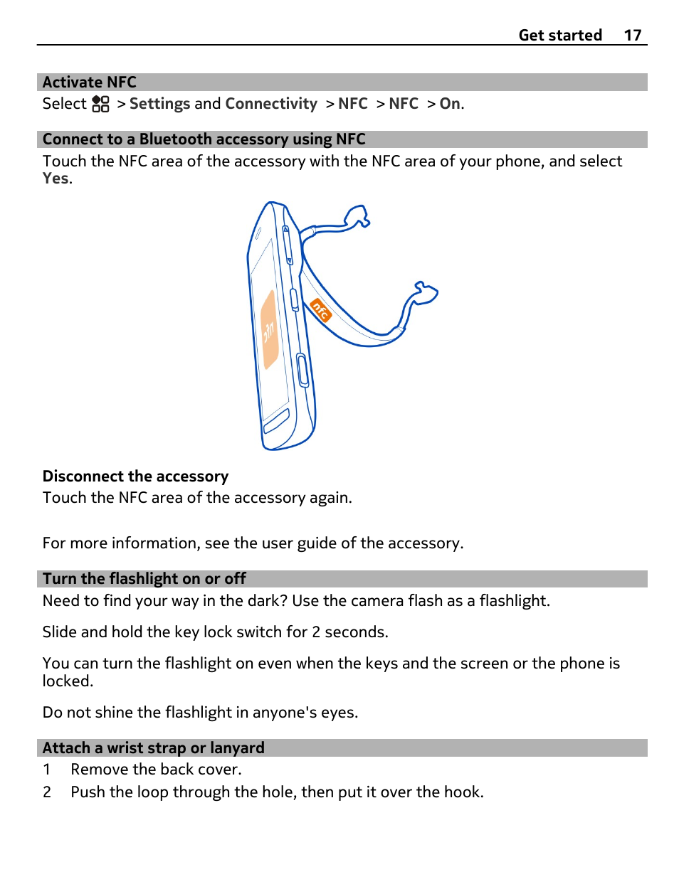 Activate nfc, Connect to a bluetooth accessory using nfc, Turn the flashlight on or off | Attach a wrist strap or lanyard, Connect to a bluetooth accessory, Using nfc | Nokia 808 User Manual | Page 17 / 138