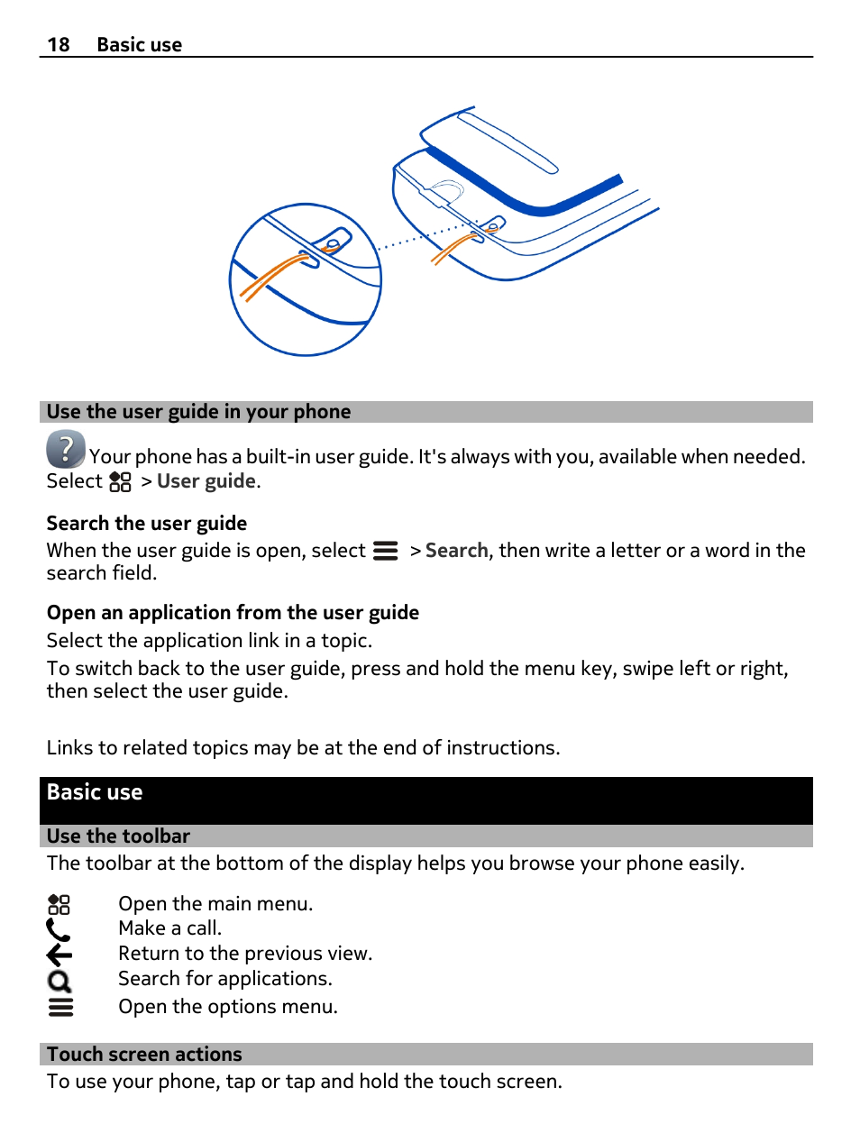 Use the user guide in your phone, Basic use, Use the toolbar | Touch screen actions | Nokia 808 User Manual | Page 18 / 138