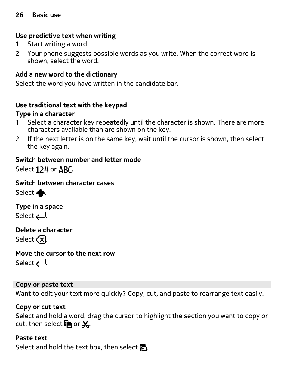 Use traditional text with the keypad, Copy or paste text | Nokia 808 User Manual | Page 26 / 138