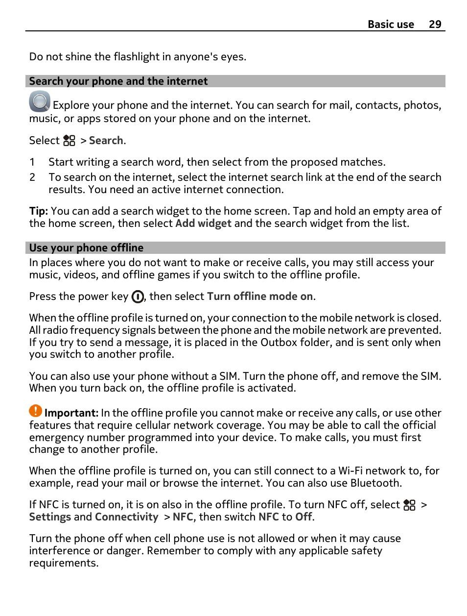 Search your phone and the internet, Use your phone offline, Search your phone and the internet 29 | Nokia 808 User Manual | Page 29 / 138