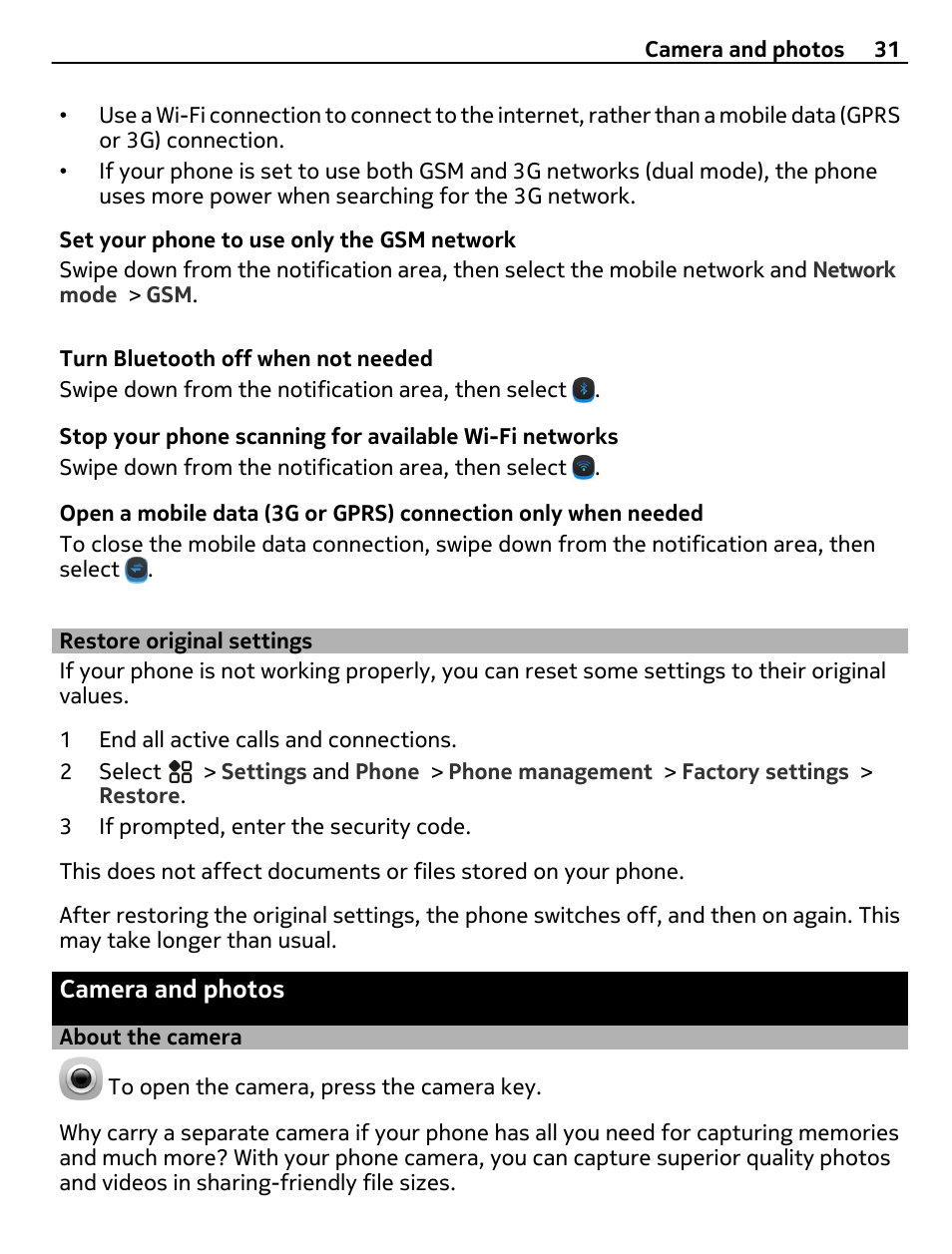 Restore original settings, Camera and photos, About the camera | Nokia 808 User Manual | Page 31 / 138