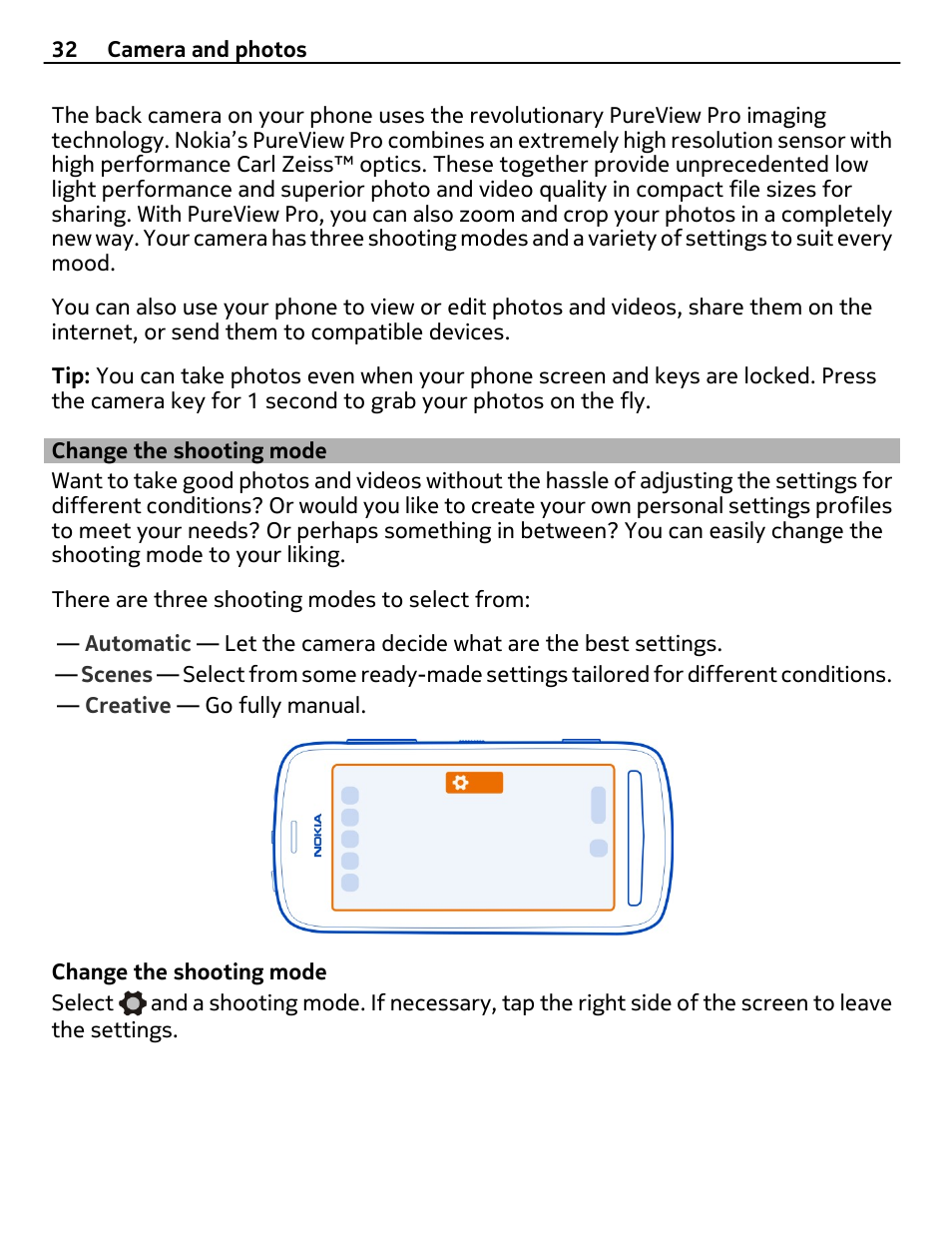 Change the shooting mode | Nokia 808 User Manual | Page 32 / 138