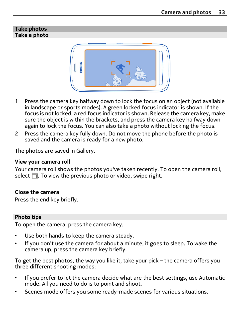 Take photos, Take a photo, Photo tips | Nokia 808 User Manual | Page 33 / 138