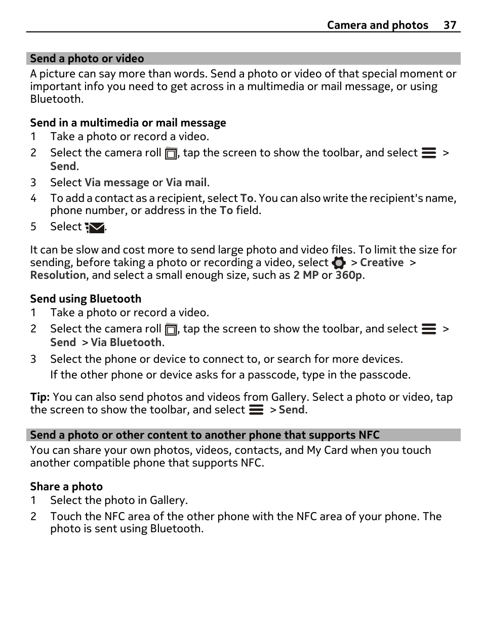 Send a photo or video, Send a photo or other content to, Another phone that supports nfc | Nokia 808 User Manual | Page 37 / 138