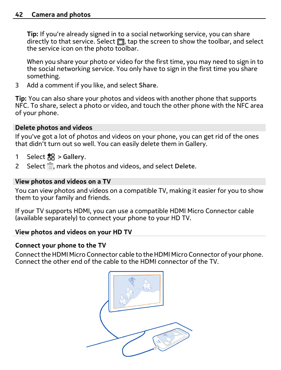 Delete photos and videos, View photos and videos on a tv | Nokia 808 User Manual | Page 42 / 138