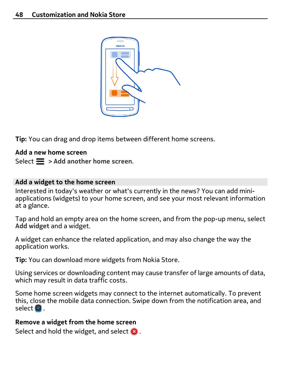 Add a widget to the home screen | Nokia 808 User Manual | Page 48 / 138