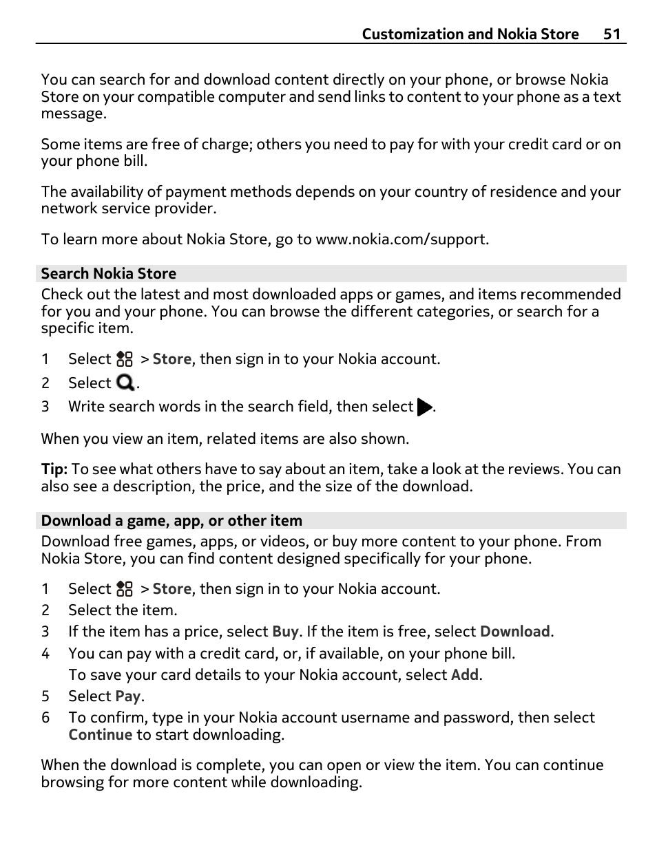 Search nokia store, Download a game, app, or other item | Nokia 808 User Manual | Page 51 / 138