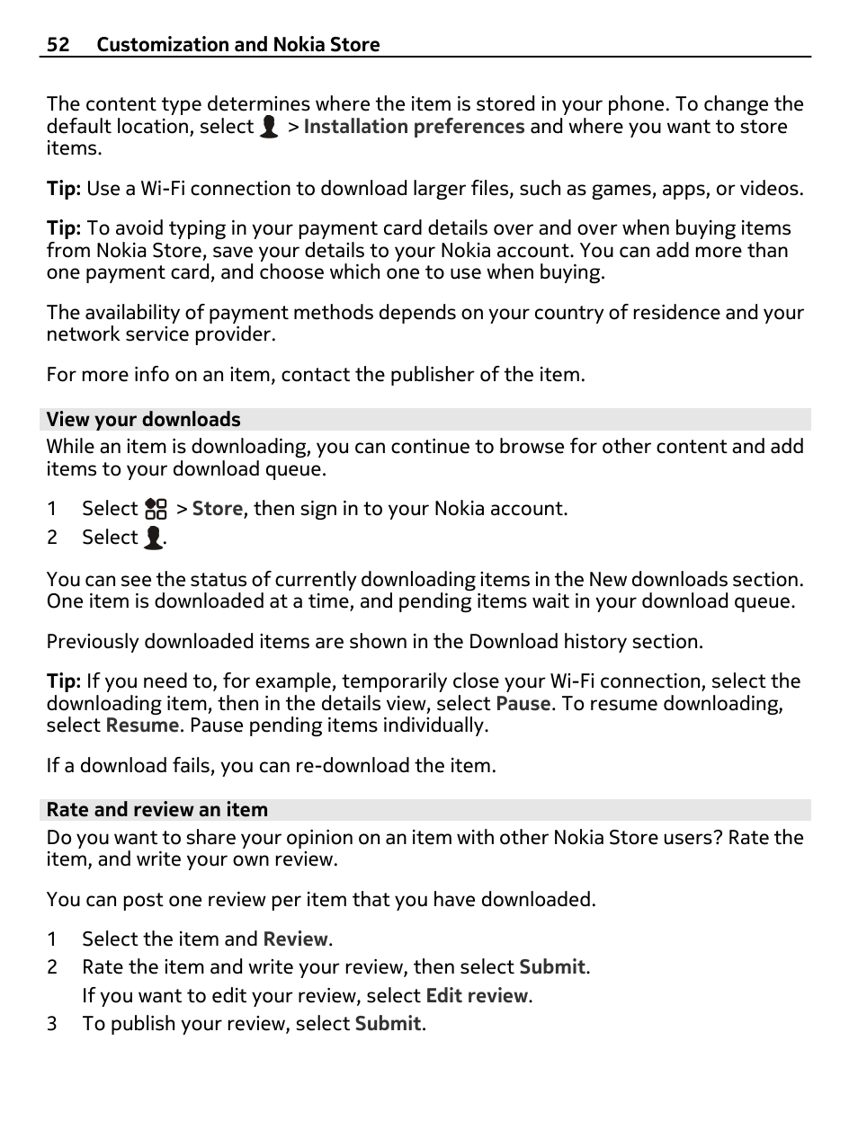 View your downloads, Rate and review an item | Nokia 808 User Manual | Page 52 / 138