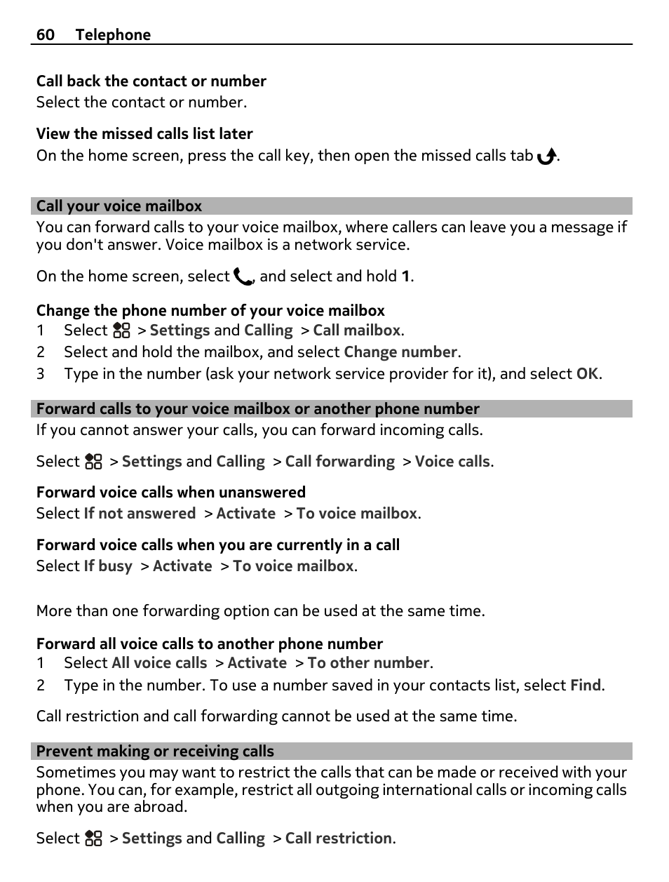 Call your voice mailbox, Prevent making or receiving calls, Forward calls to your voice mailbox or | Another phone number | Nokia 808 User Manual | Page 60 / 138