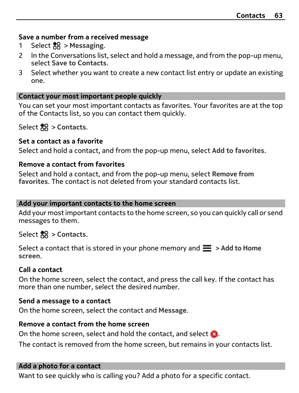 Contact your most important people quickly, Add your important contacts to the home screen, Add a photo for a contact | Contact your most important people, Quickly, Add your important contacts to the, Home screen | Nokia 808 User Manual | Page 63 / 138