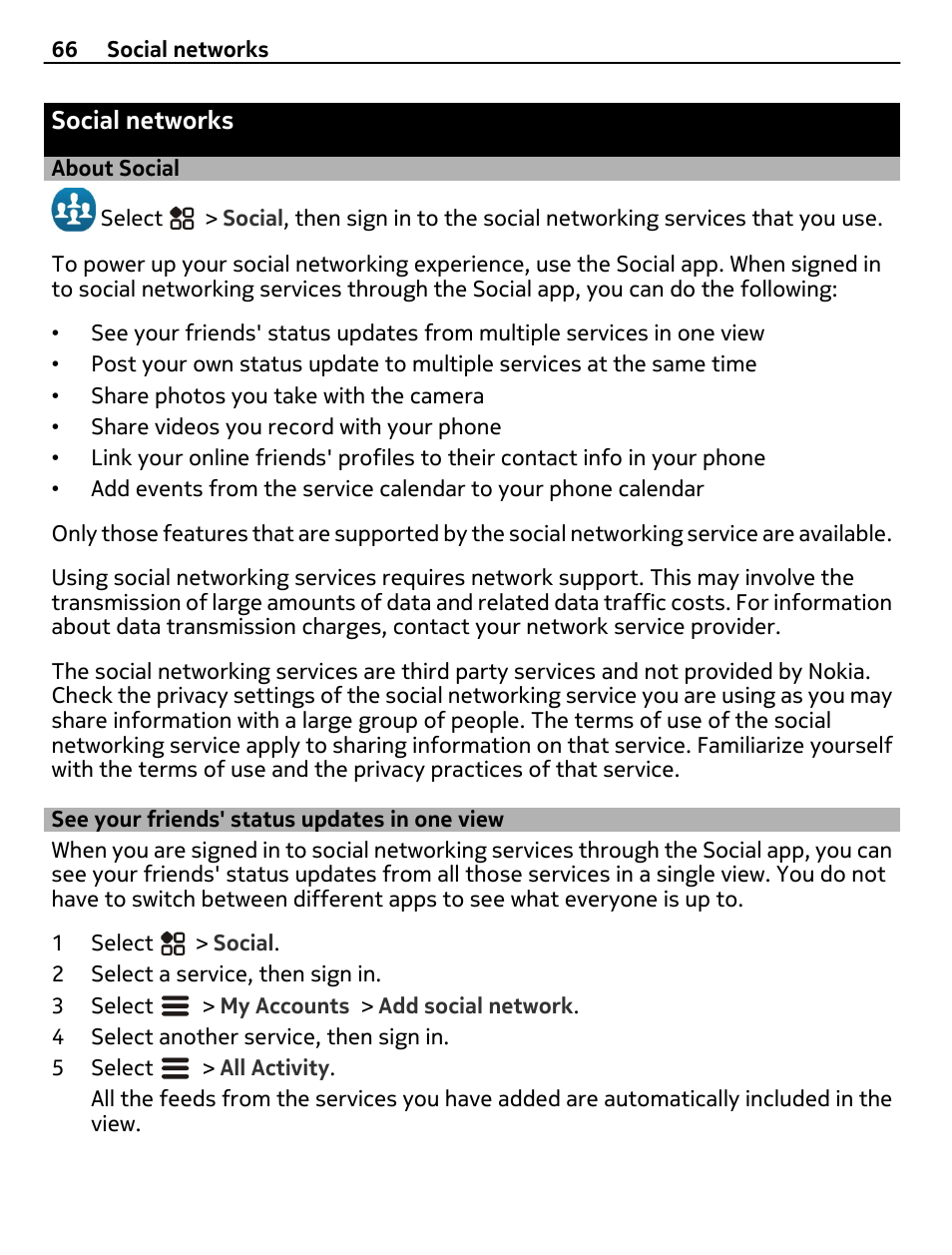 Social networks, About social, See your friends' status updates in one view | See your friends' status updates in, One view | Nokia 808 User Manual | Page 66 / 138