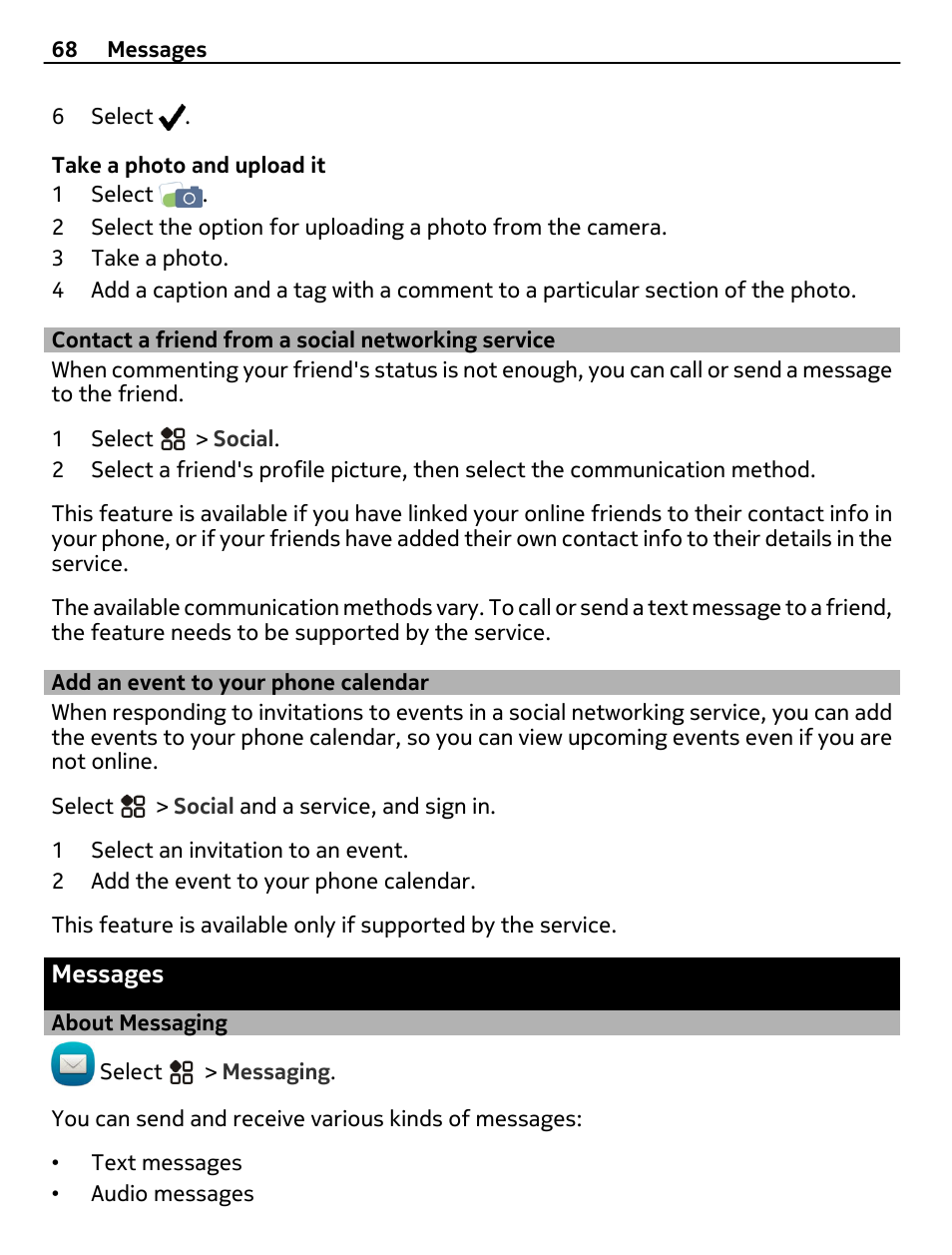 Contact a friend from a social networking service, Add an event to your phone calendar, Messages | About messaging, Contact a friend from a social, Networking service, Add an event to your phone calendar 68 | Nokia 808 User Manual | Page 68 / 138