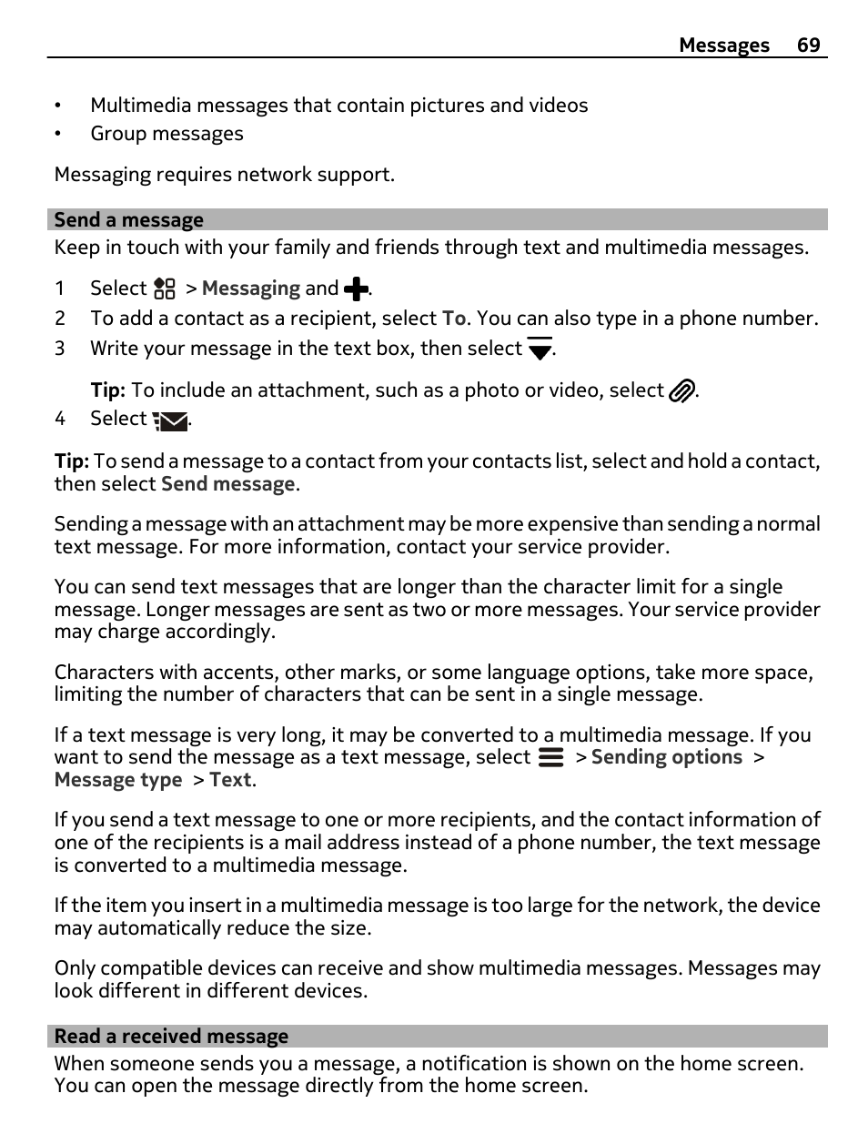 Send a message, Read a received message | Nokia 808 User Manual | Page 69 / 138