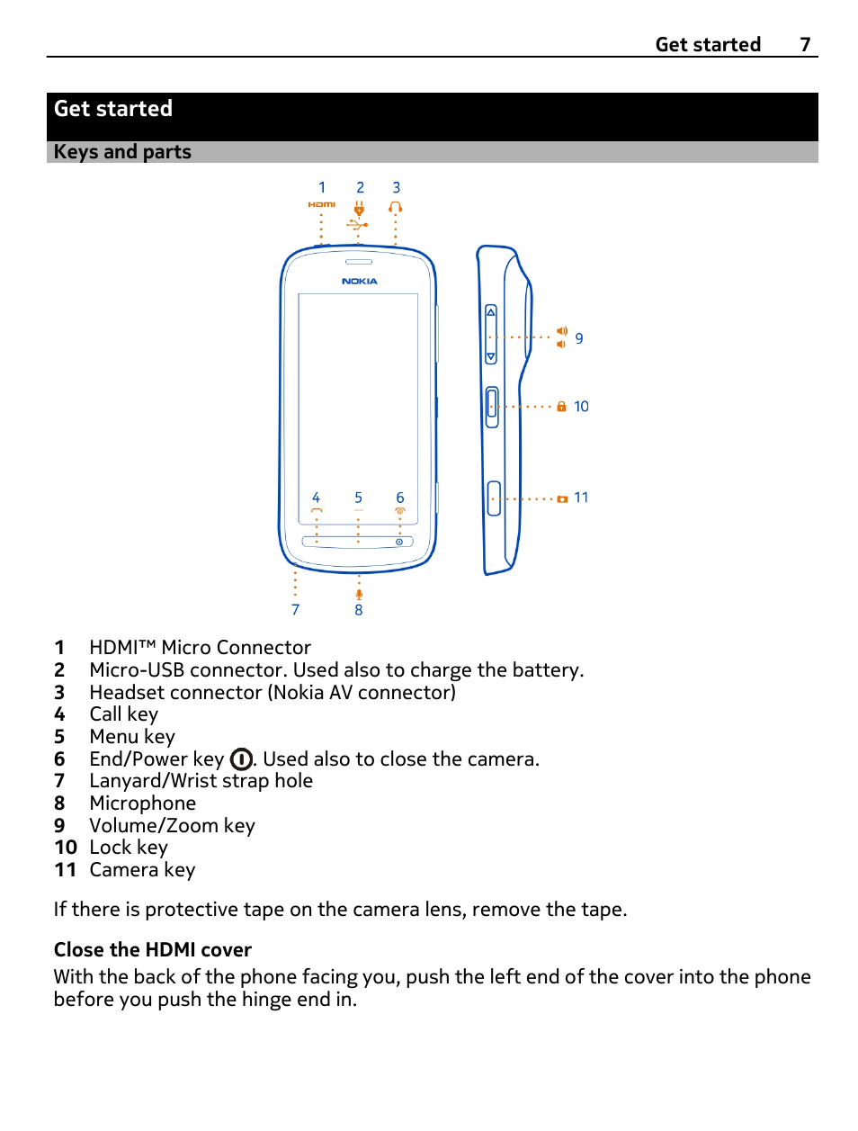 Get started, Keys and parts | Nokia 808 User Manual | Page 7 / 138