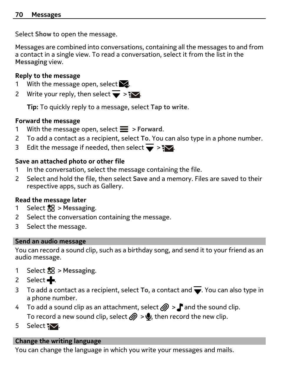 Send an audio message, Change the writing language | Nokia 808 User Manual | Page 70 / 138
