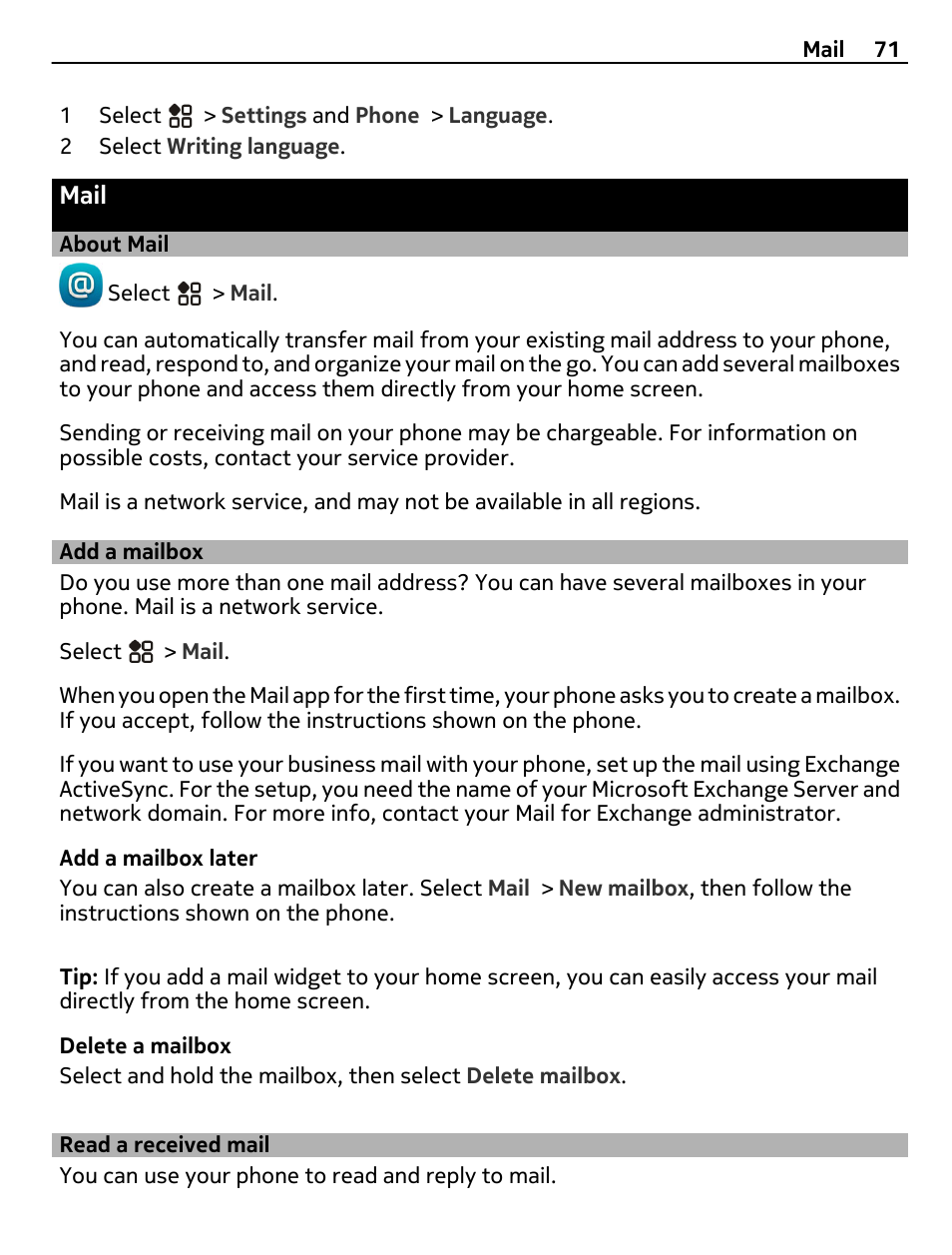 Mail, About mail, Add a mailbox | Read a received mail | Nokia 808 User Manual | Page 71 / 138