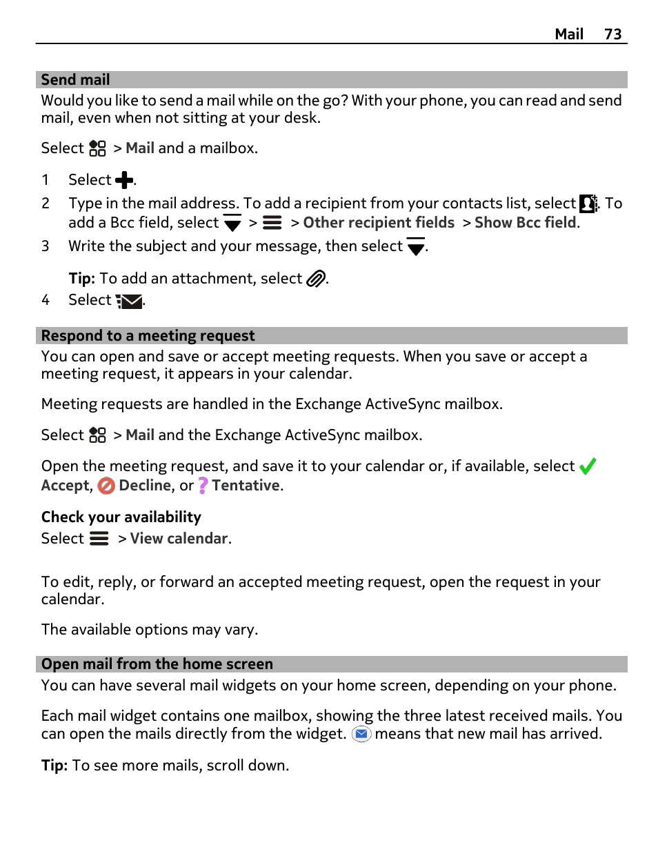 Send mail, Respond to a meeting request, Open mail from the home screen | Nokia 808 User Manual | Page 73 / 138