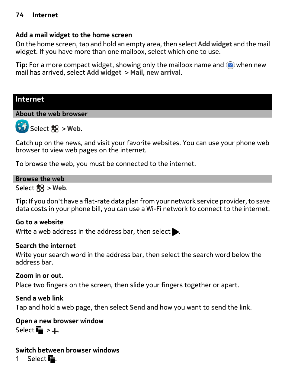 Internet, About the web browser, Browse the web | Nokia 808 User Manual | Page 74 / 138