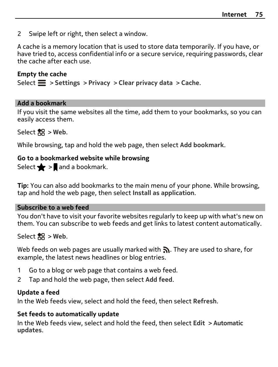 Add a bookmark, Subscribe to a web feed | Nokia 808 User Manual | Page 75 / 138