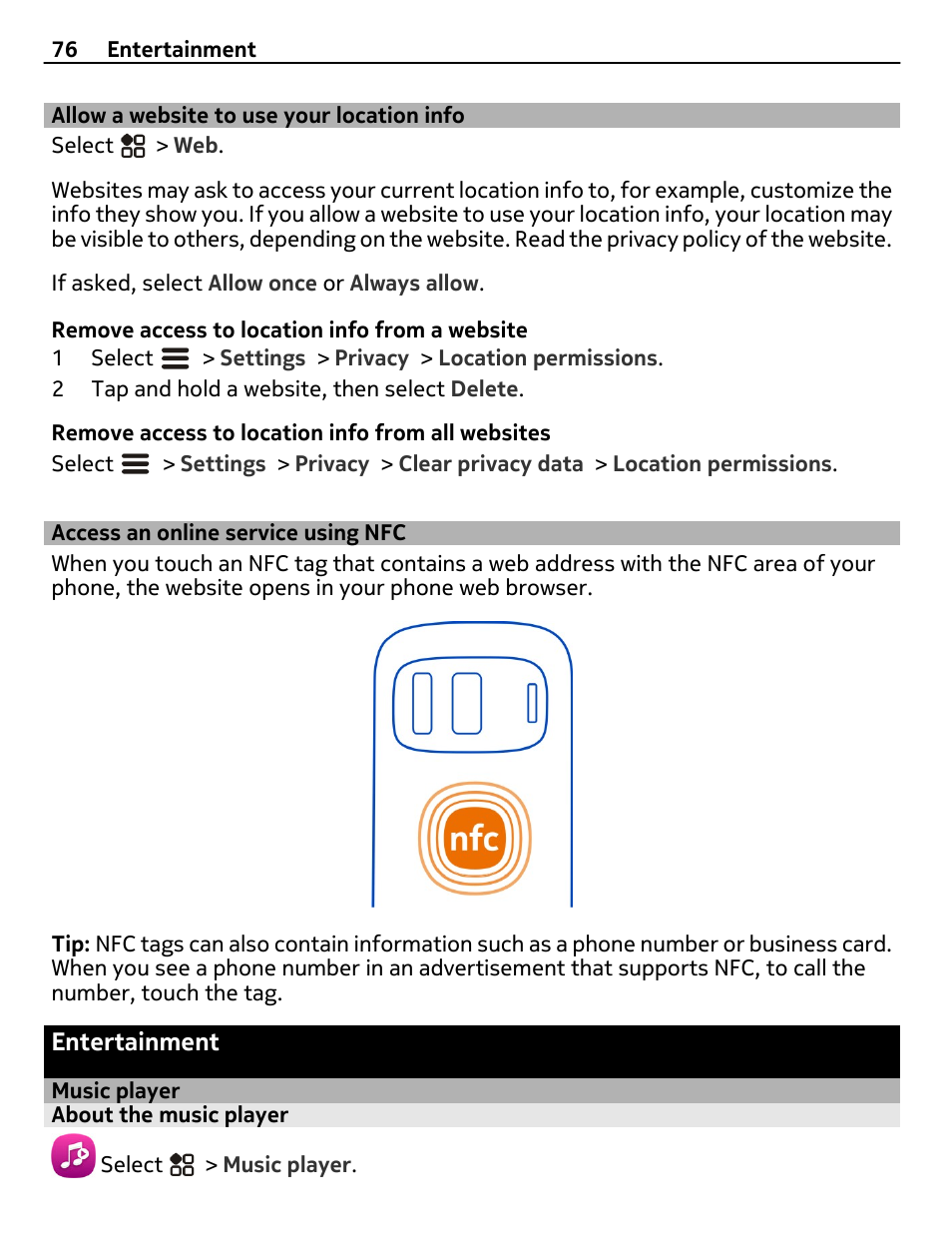 Allow a website to use your location info, Access an online service using nfc, Entertainment | Music player, About the music player, Allow a website to use your location, Info | Nokia 808 User Manual | Page 76 / 138