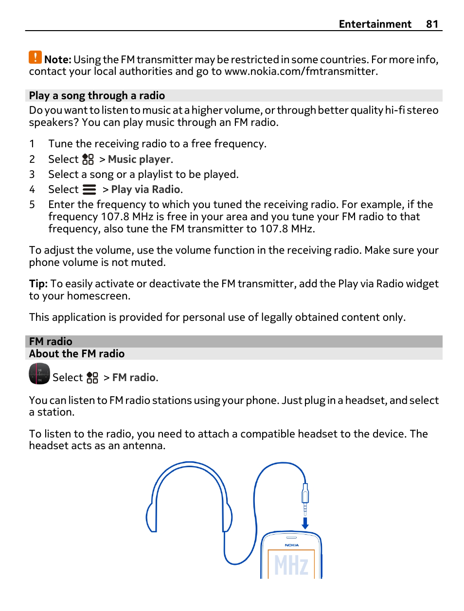 Play a song through a radio, Fm radio, About the fm radio | Nokia 808 User Manual | Page 81 / 138