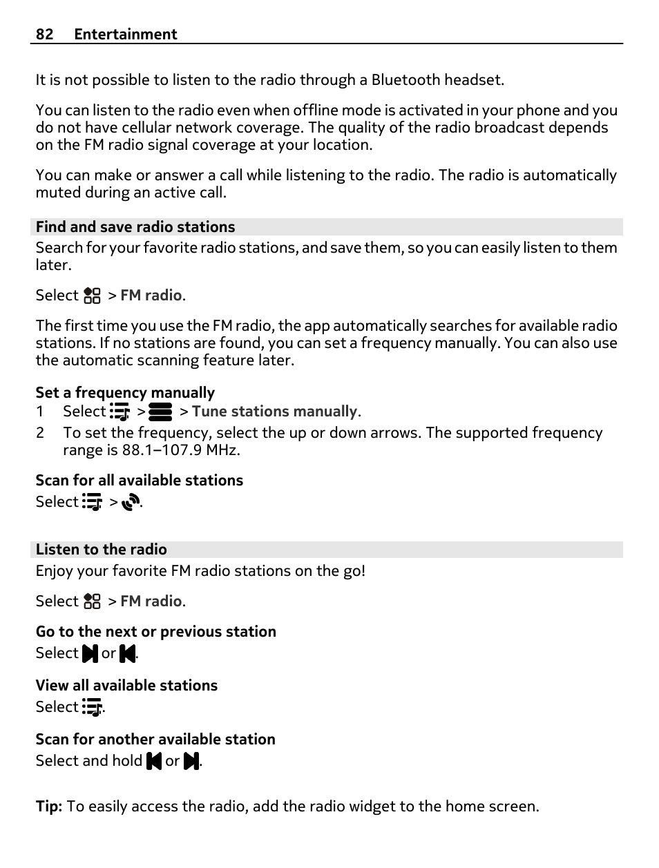 Find and save radio stations, Listen to the radio | Nokia 808 User Manual | Page 82 / 138