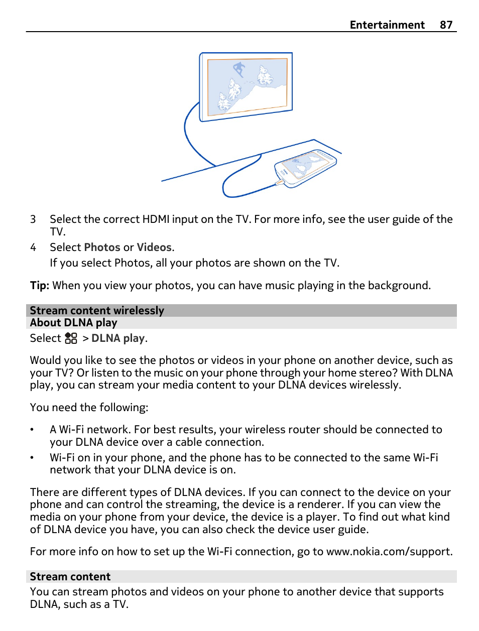 Stream content wirelessly, About dlna play, Stream content | Nokia 808 User Manual | Page 87 / 138