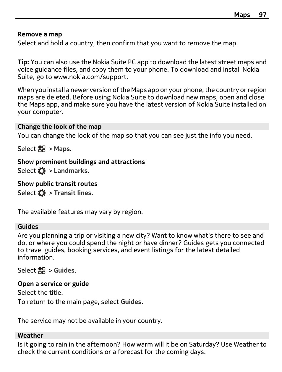 Change the look of the map, Guides, Weather | Nokia 808 User Manual | Page 97 / 138