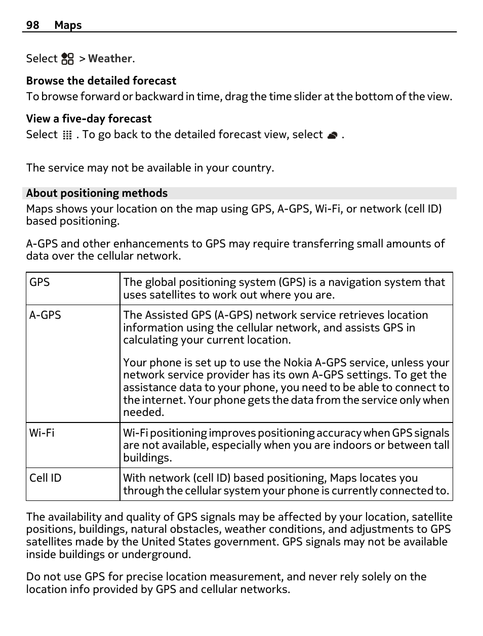 About positioning methods | Nokia 808 User Manual | Page 98 / 138