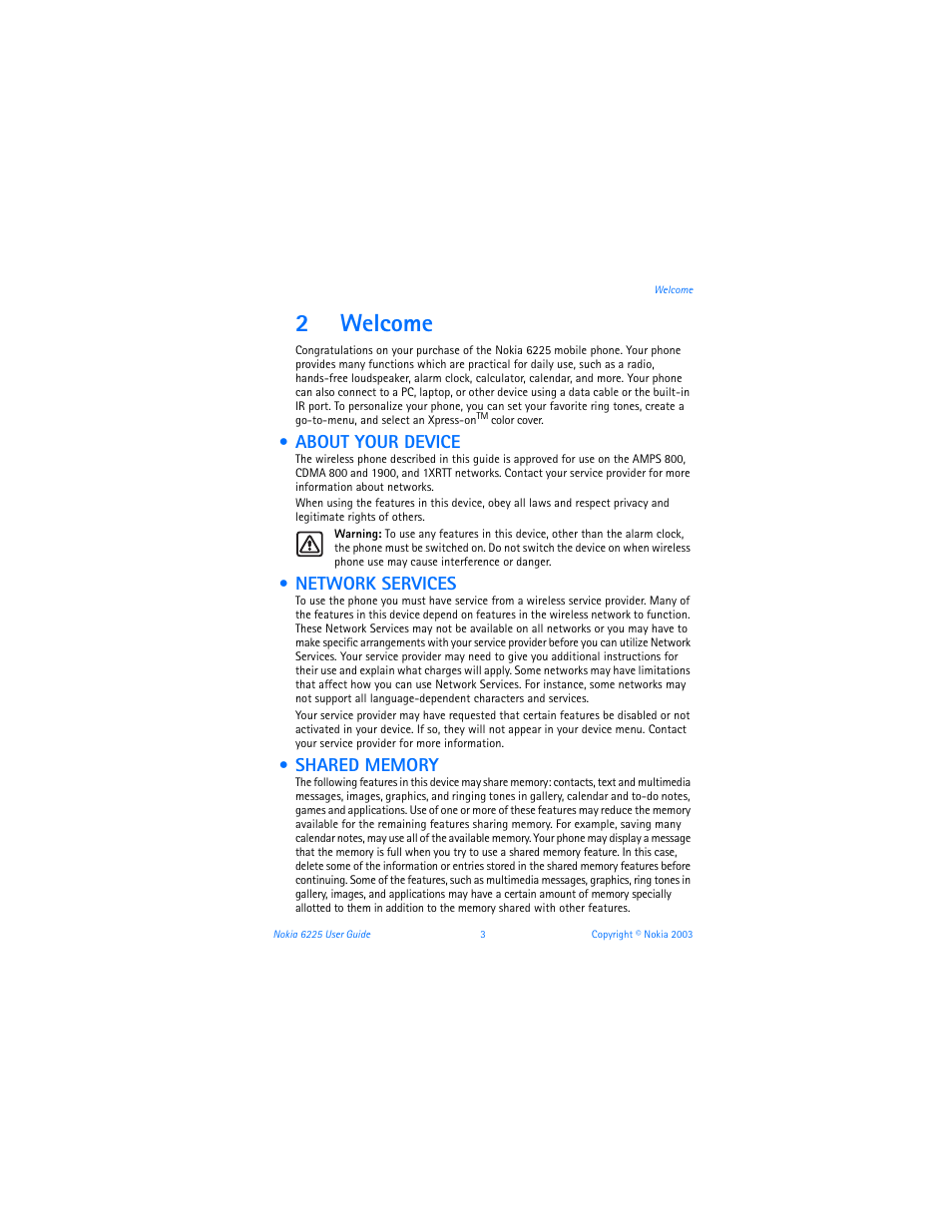 2 welcome, About your device, Network services | Shared memory, 2welcome | Nokia 6225 User Manual | Page 10 / 201