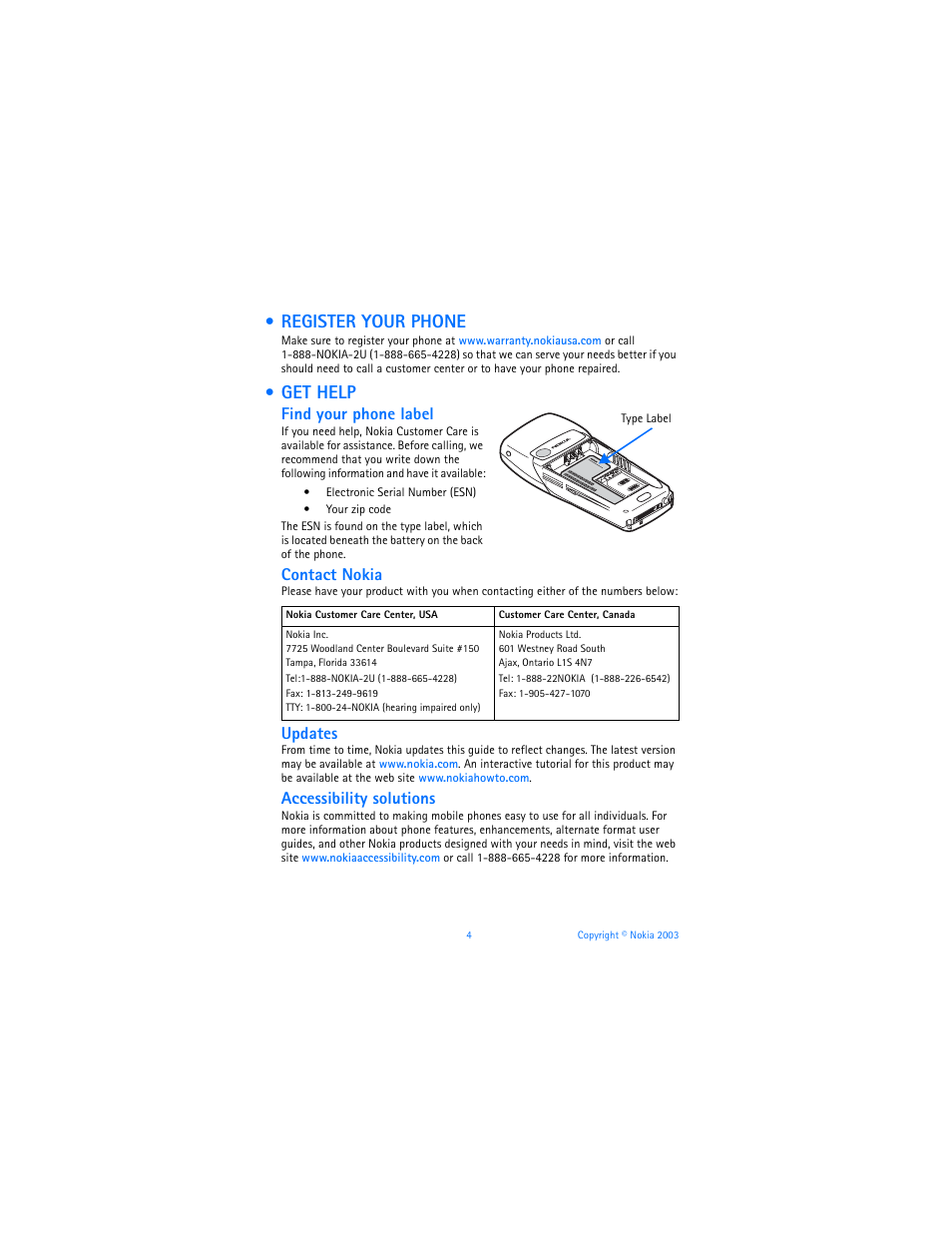 Register your phone, Get help, Find your phone label | Contact nokia, Updates, Accessibility solutions | Nokia 6225 User Manual | Page 11 / 201