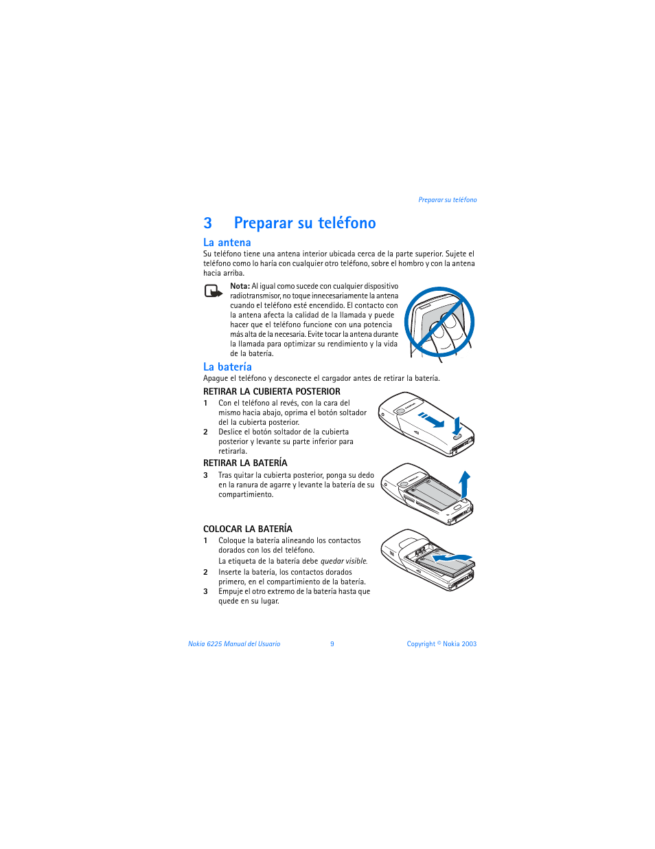 3 preparar su teléfono, Set up your phone, See “remove the back cover | Preparar su teléfono, 3preparar su teléfono, La antena, La batería | Nokia 6225 User Manual | Page 116 / 201