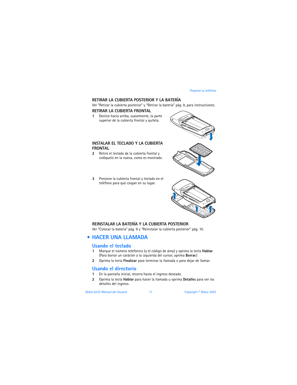 Hacer una llamada, Make a call, Usando el teclado | Usando el directorio | Nokia 6225 User Manual | Page 118 / 201