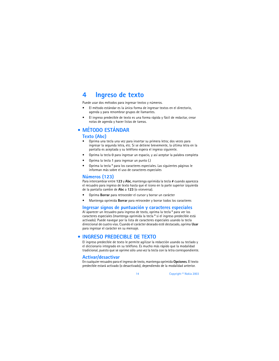 4 ingreso de texto, Método estándar, Ingreso predecible de texto | Text entry, Standard mode predictive text input, Ingreso de texto, Método estándar ingreso predecible de texto, 4ingreso de texto, Texto (abc), Números (123) | Nokia 6225 User Manual | Page 121 / 201