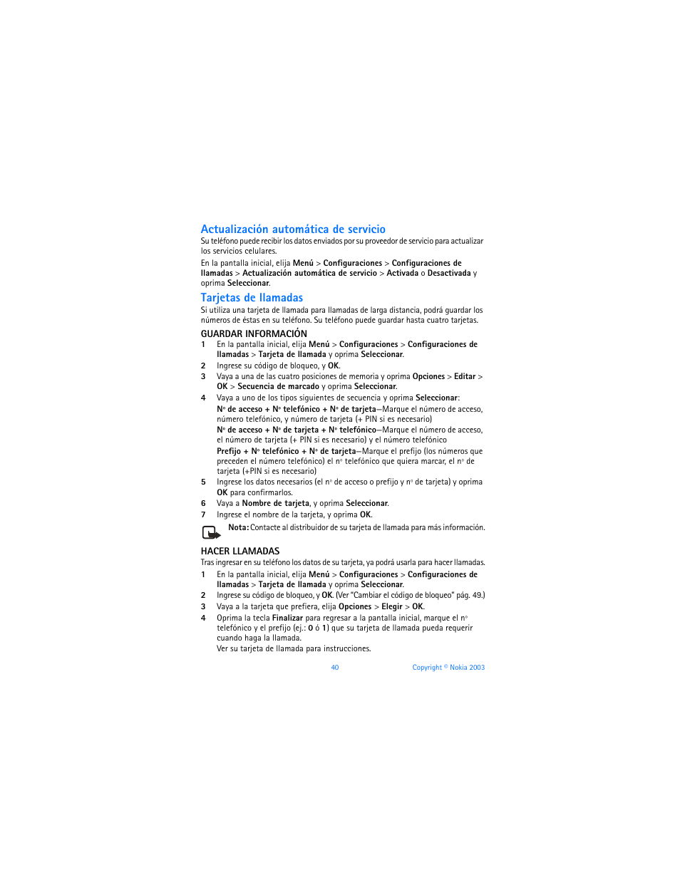 Actualización automática de servicio, Tarjetas de llamadas | Nokia 6225 User Manual | Page 147 / 201