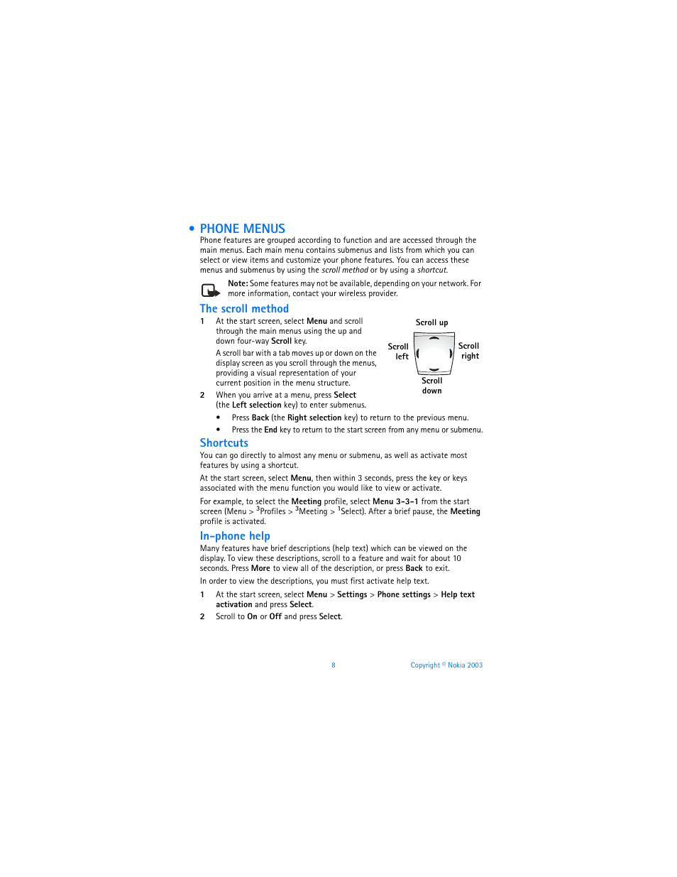 Phone menus, The scroll method, Shortcuts | In-phone help | Nokia 6225 User Manual | Page 15 / 201