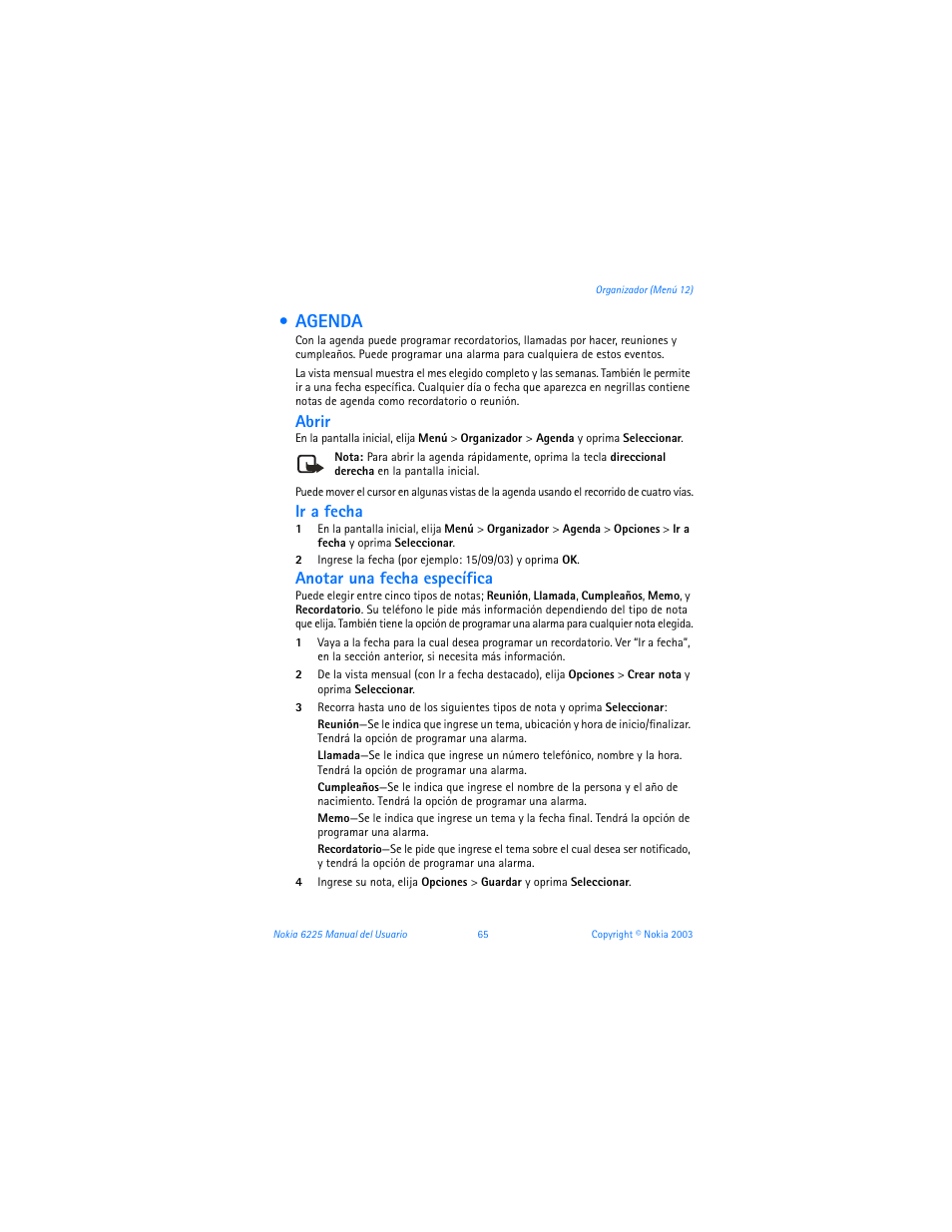 Agenda, The calendar, Abrir | Ir a fecha, Anotar una fecha específica | Nokia 6225 User Manual | Page 172 / 201