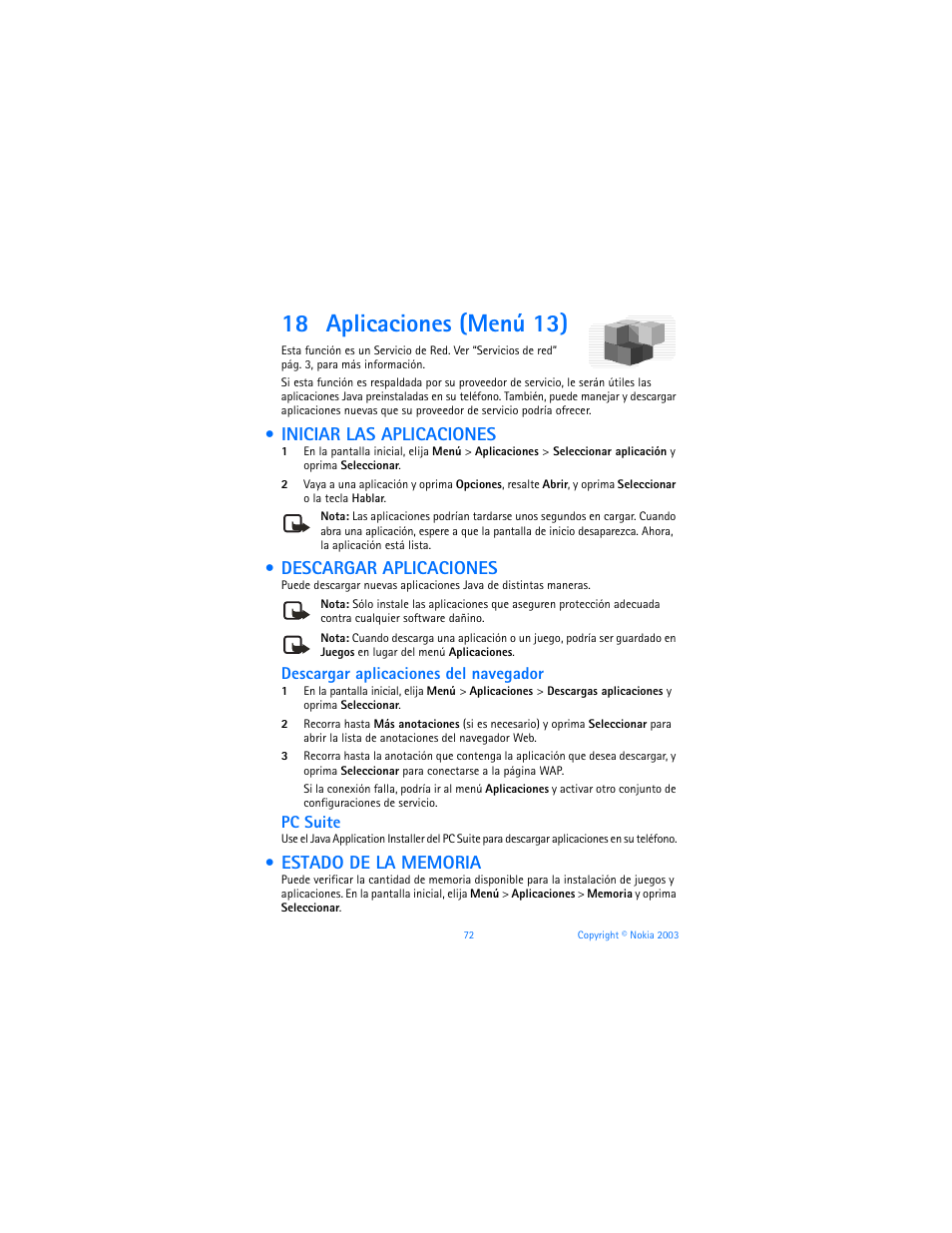 18 aplicaciones (menú 13), Iniciar las aplicaciones, Descargar aplicaciones | Estado de la memoria, 18 applications (menu 13), Launch download memory status, Descargar aplicaciones del navegador, Pc suite | Nokia 6225 User Manual | Page 179 / 201