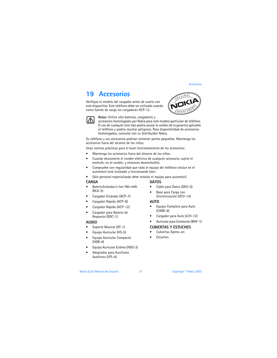 19 accesorios, 19 enhancements | Nokia 6225 User Manual | Page 180 / 201