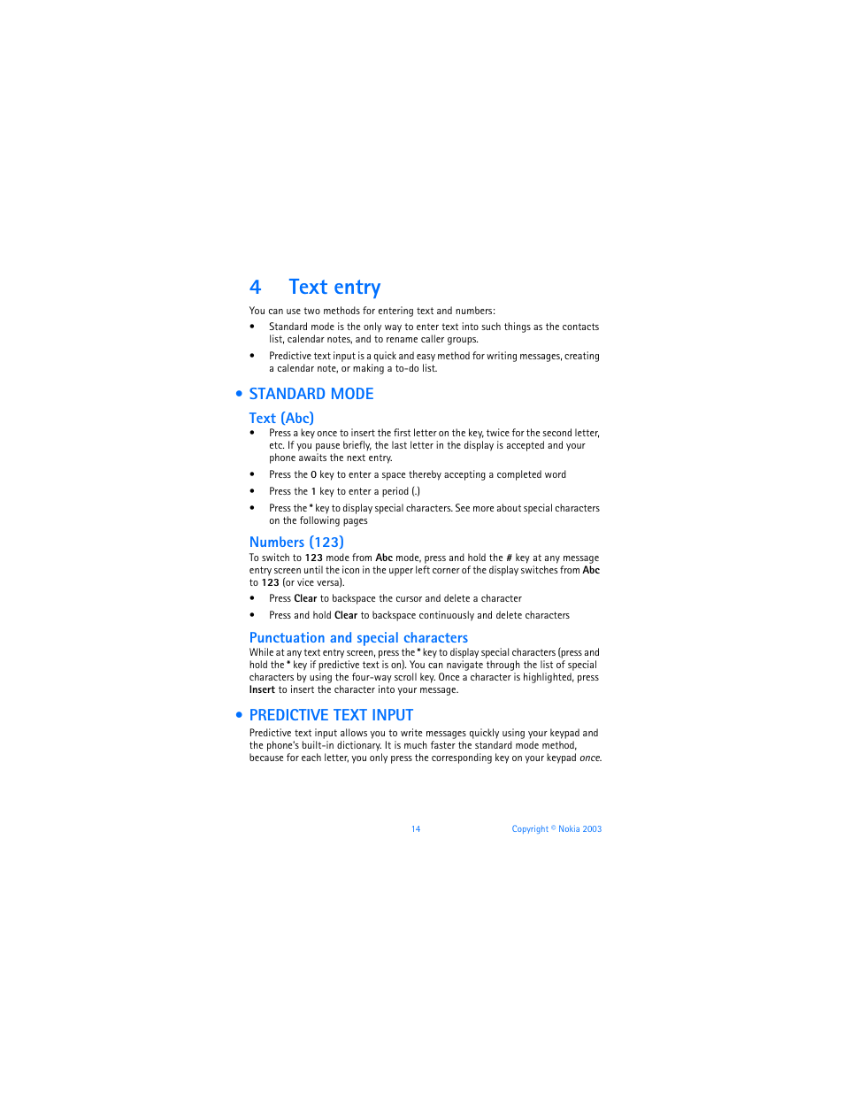 4 text entry, Standard mode, Predictive text input | 4text entry, Text (abc), Numbers (123), Punctuation and special characters | Nokia 6225 User Manual | Page 21 / 201