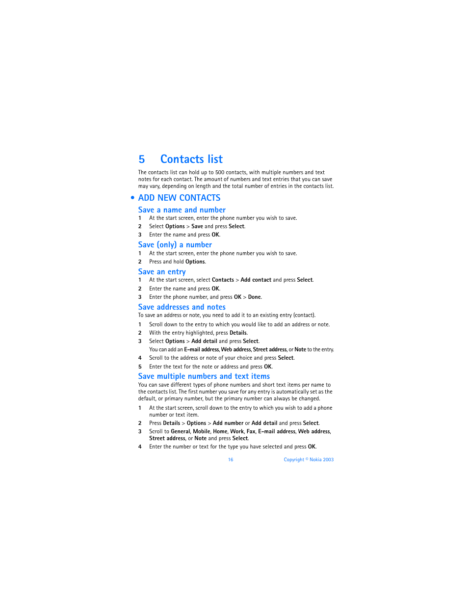 5 contacts list, Add new contacts, 5contacts list | Save a name and number, Save (only) a number, Save an entry, Save multiple numbers and text items | Nokia 6225 User Manual | Page 23 / 201