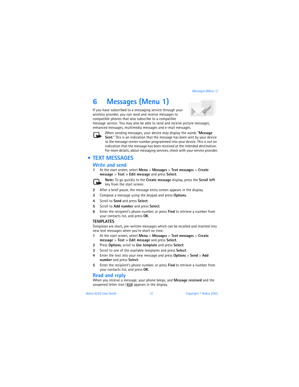 6 messages (menu 1), Text messages, 6messages (menu 1) | Write and send, Read and reply | Nokia 6225 User Manual | Page 28 / 201