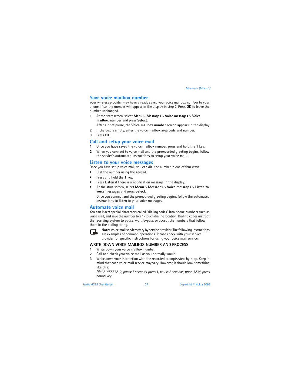 Save voice mailbox number, Call and setup your voice mail, Listen to your voice messages | Automate voice mail | Nokia 6225 User Manual | Page 34 / 201