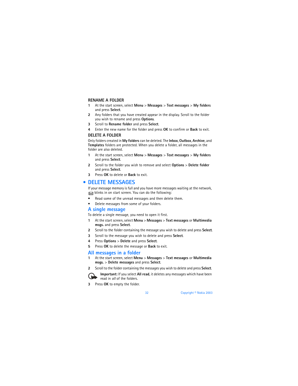 Delete messages, A single message, All messages in a folder | Nokia 6225 User Manual | Page 39 / 201