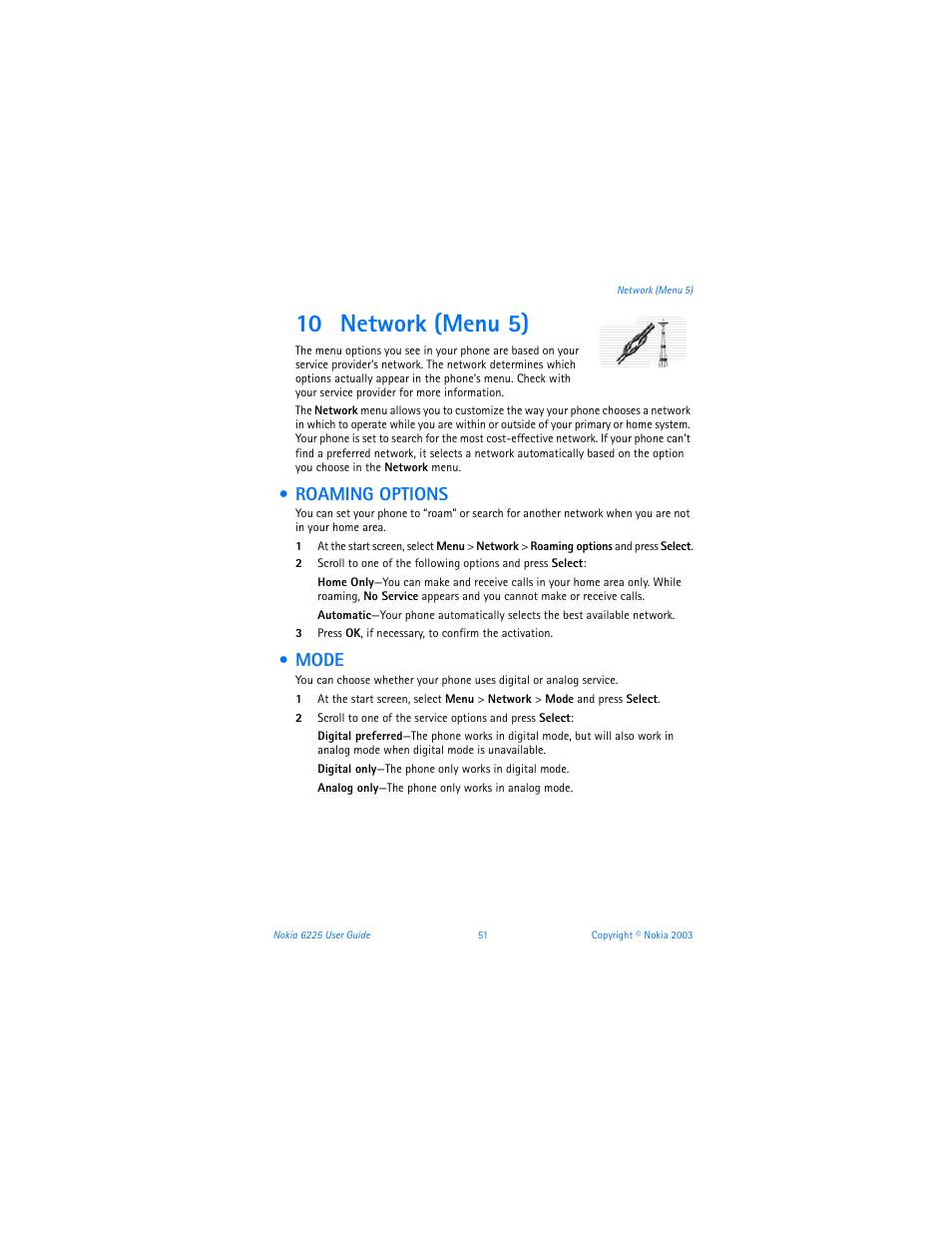 10 network (menu 5), Roaming options, Mode | Nokia 6225 User Manual | Page 58 / 201