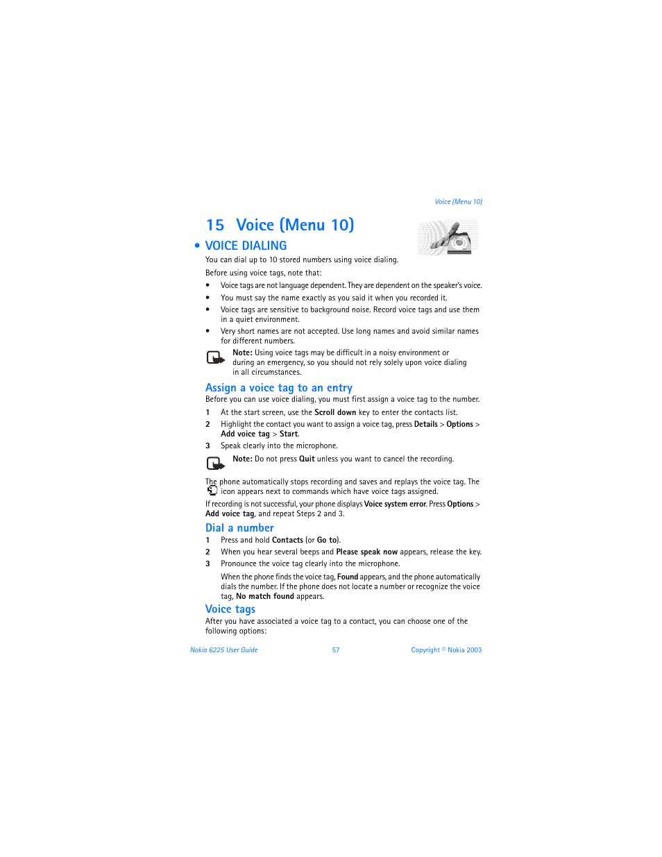 15 voice (menu 10), Voice dialing, Assign a voice tag to an entry | Dial a number, Voice tags | Nokia 6225 User Manual | Page 64 / 201